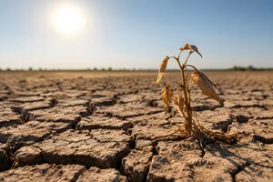 日照りでひび割れた大地と枯れた草