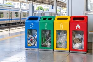 駅に並ぶ色分けされた分別ごみ箱