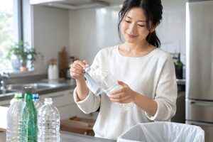 ペットボトルのキャップとラベルを外す30代女性