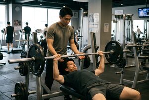 ベンチプレスをする男性と補助する人