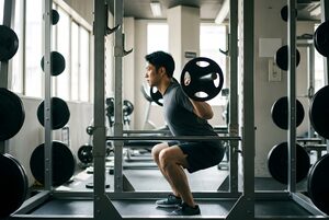 バーベルを担いでスクワットをする男性