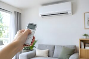 エアコンのリモコンで温度を調整する手元