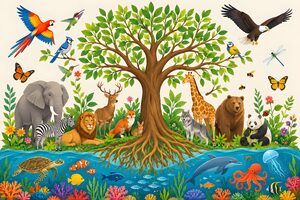 生命の樹に集まる多様な生き物のイラスト