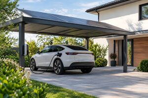 ソーラーパネルのカーポートで充電する電気自動車