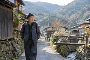 山村の道を一人で歩く高齢男性