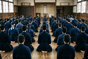 正座して並ぶ剣道部の生徒たち