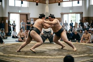 土俵でぶつかり合う二人の力士