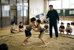 相撲教室で稽古をする子どもたち
