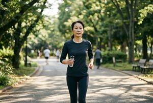 朝の公園を早歩きする女性