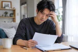 契約書を見て悩む30代男性