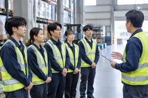 倉庫で朝礼を受ける派遣スタッフ