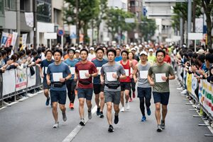 市街地を走る市民マラソンの参加者たち