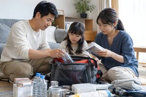 防災グッズの中身を確認する家族