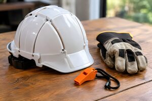 防災ヘルメットと軍手、ホイッスル