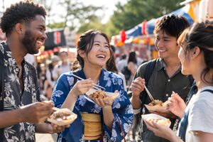 地域の祭りで交流する多国籍の人々