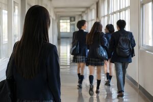 廊下で一人取り残される生徒