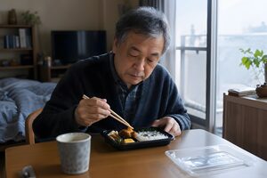 一人でコンビニ弁当を食べる高齢男性