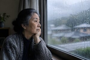 雨の日に一人で窓の外を眺める高齢女性