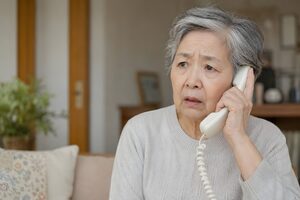 固定電話で不審な電話を受ける高齢女性