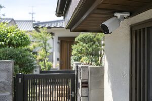 住宅の軒下に付けた防犯カメラ