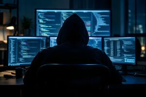 暗い部屋でパソコンに向かうハッカー