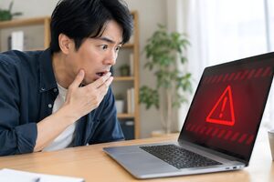 警告画面に驚く30代男性