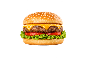 レタスとトマト、とろけるチーズを挟んだチーズバーガー（背景透過）
