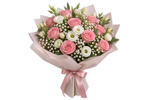 リボンを結んだピンクのバラの花束（背景透過）