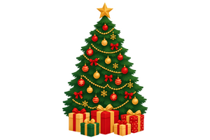 プレゼントを置いたクリスマスツリーのイラスト（背景透過）