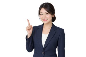 人差し指で上を指すスーツ姿の20代女性（背景透過）