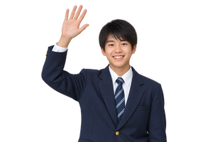 元気に手を挙げる制服の男子高校生（背景透過）