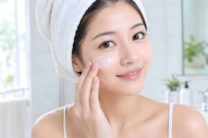 白いタオルを頭に巻き頬にクリームをなじませる20代女性