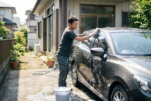 自宅の前で手洗い洗車をする男性