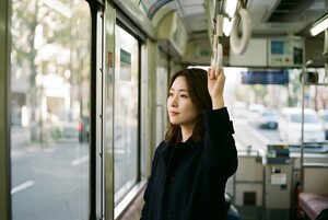 路面電車の窓から街を眺める女性