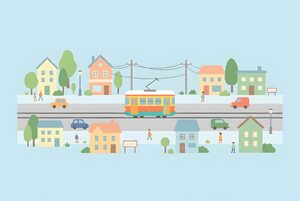 街を走る路面電車のイラスト