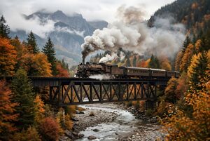 紅葉の鉄橋を渡るSL