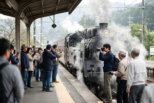 ホームでSLを撮影する人々