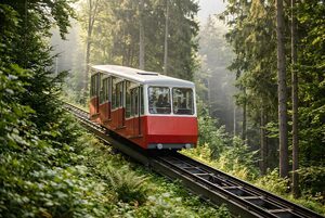 森の急斜面を上るケーブルカー