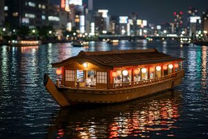 提灯を灯して川を進む屋形船