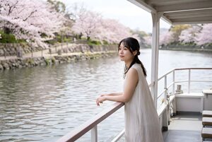 桜の川を行く遊覧船の上で景色を見る女性