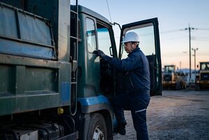早朝にダンプカーに乗り込む運転手