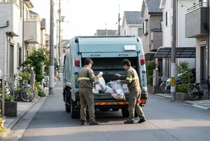 朝の住宅街でごみを積み込む収集車