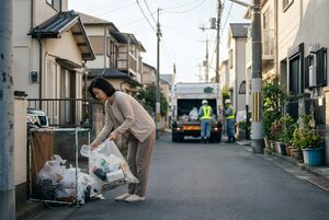 ゴミ収集所にごみを出す女性と収集車