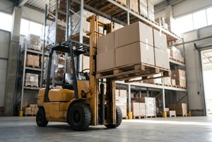 高い棚に荷を上げるフォークリフトのフォーク