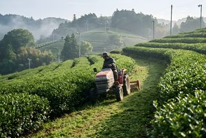茶畑の畝の間を進む小型の農機