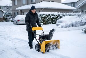 家の前を除雪する家庭用の除雪機
