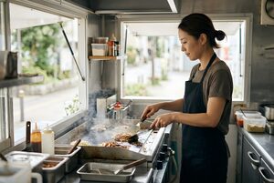 キッチンカーの中で調理する女性店主