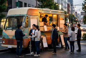 夕暮れに灯りをともすキッチンカー