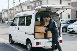 荷物を降ろす配送バンのドライバー