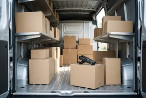 荷物が整理された配送バンの荷室